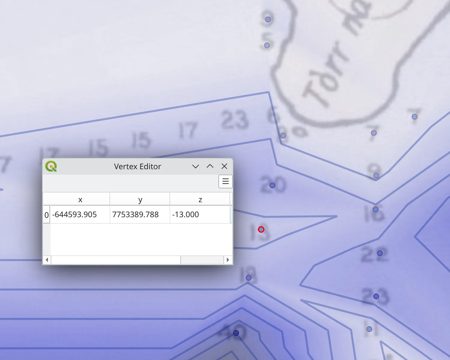 QGIS showing spot depths, gradients and contours.