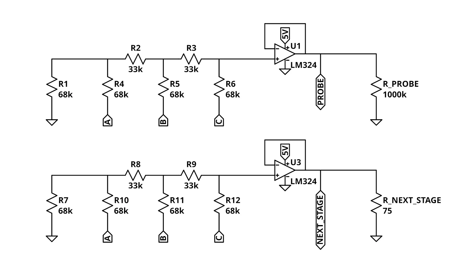 Circuit diagram of two R-2R DACs with op-amp buffers before their different loadings.