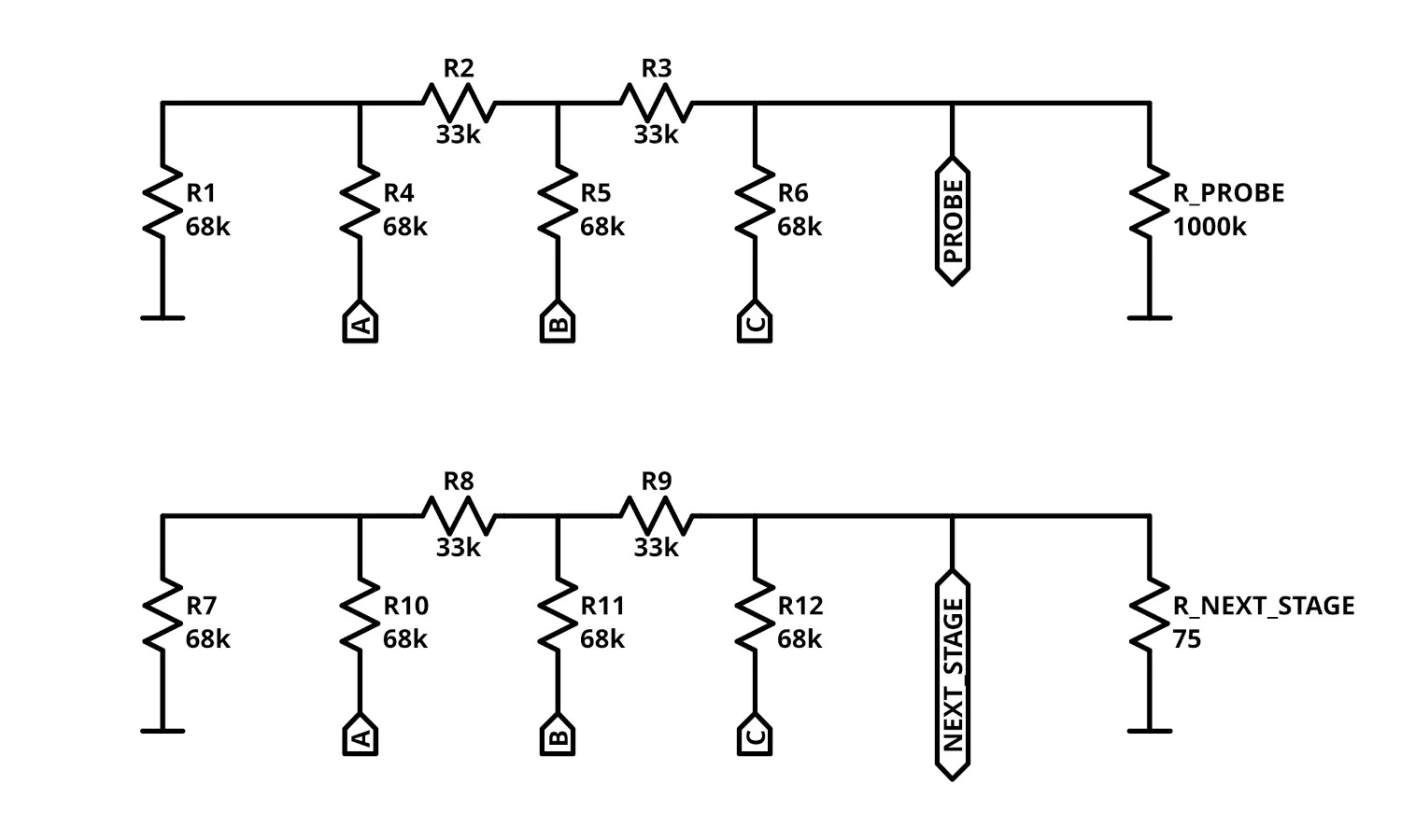 Circuit diagram of two R-2R DACs with different loadings.