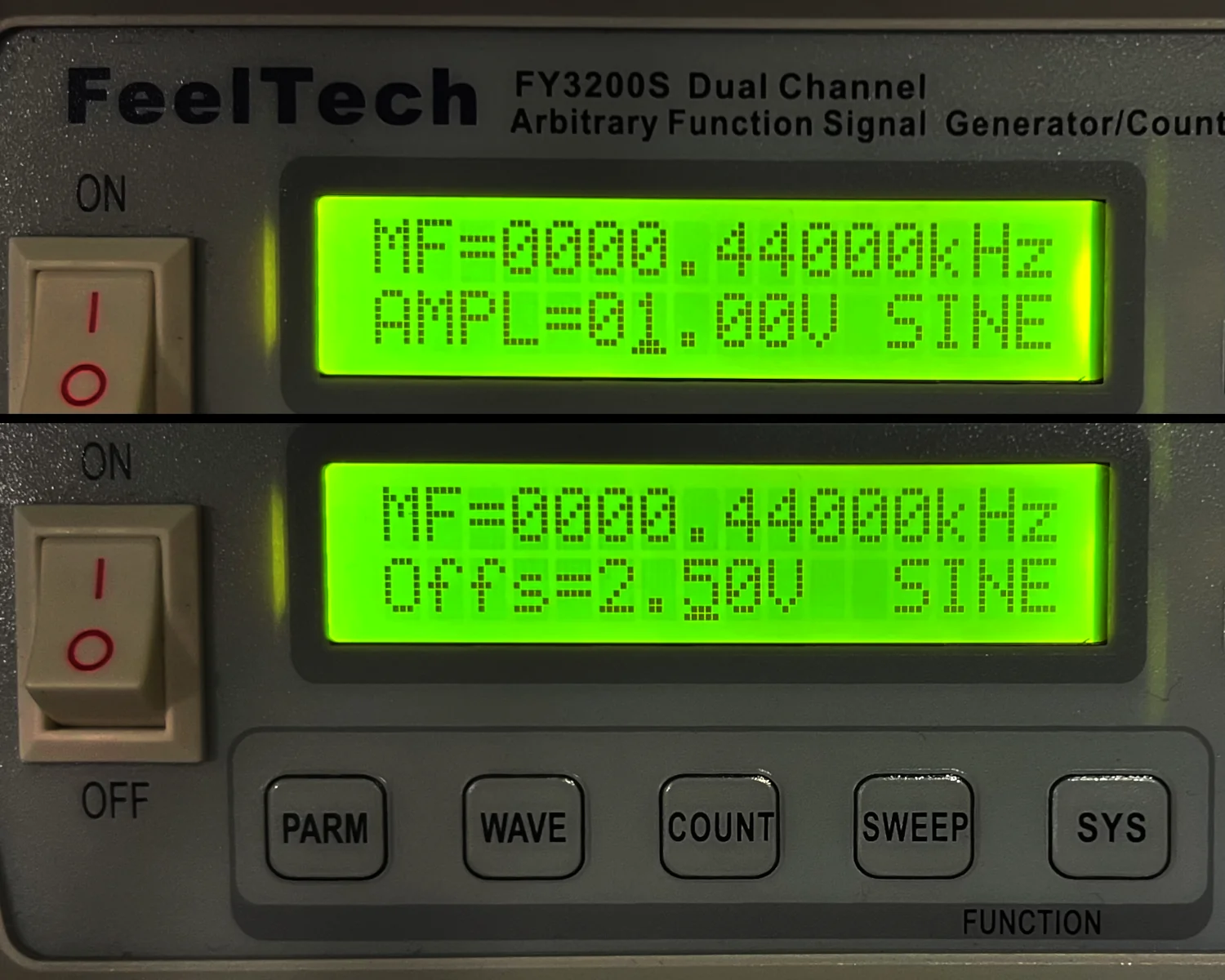 The signal generator's config screens showing amplitude and offset.