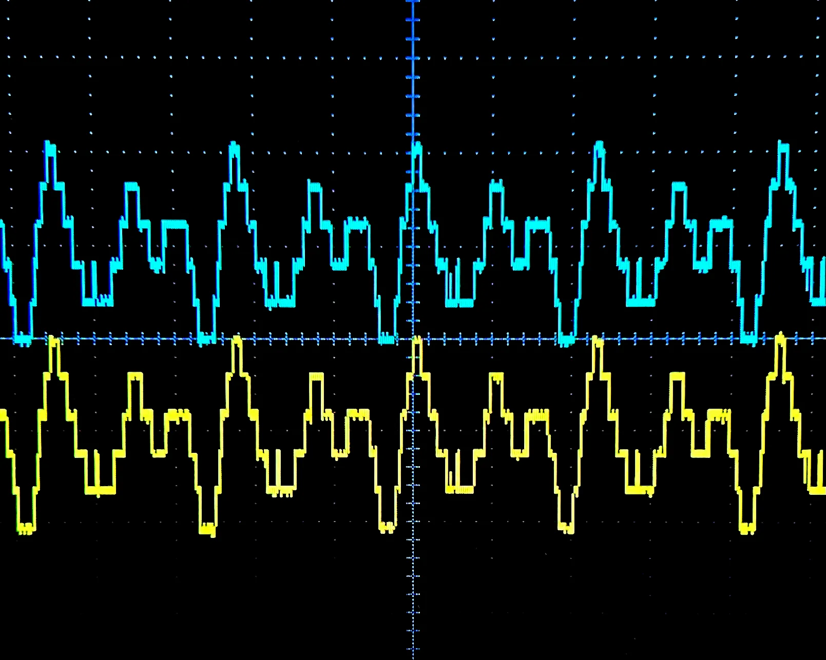 Oscilloscope traces from the DAC, before and after the buffer.