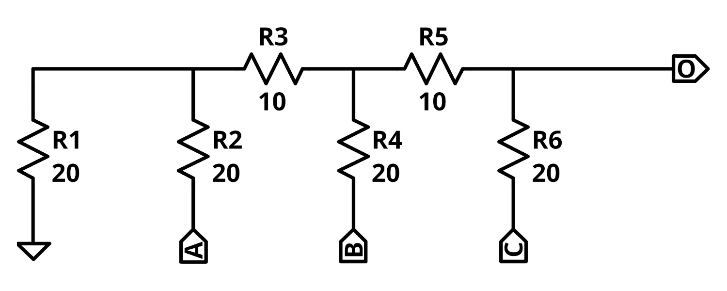 Circuit diagram of a 3-bit R-2R Ladder DAC.
