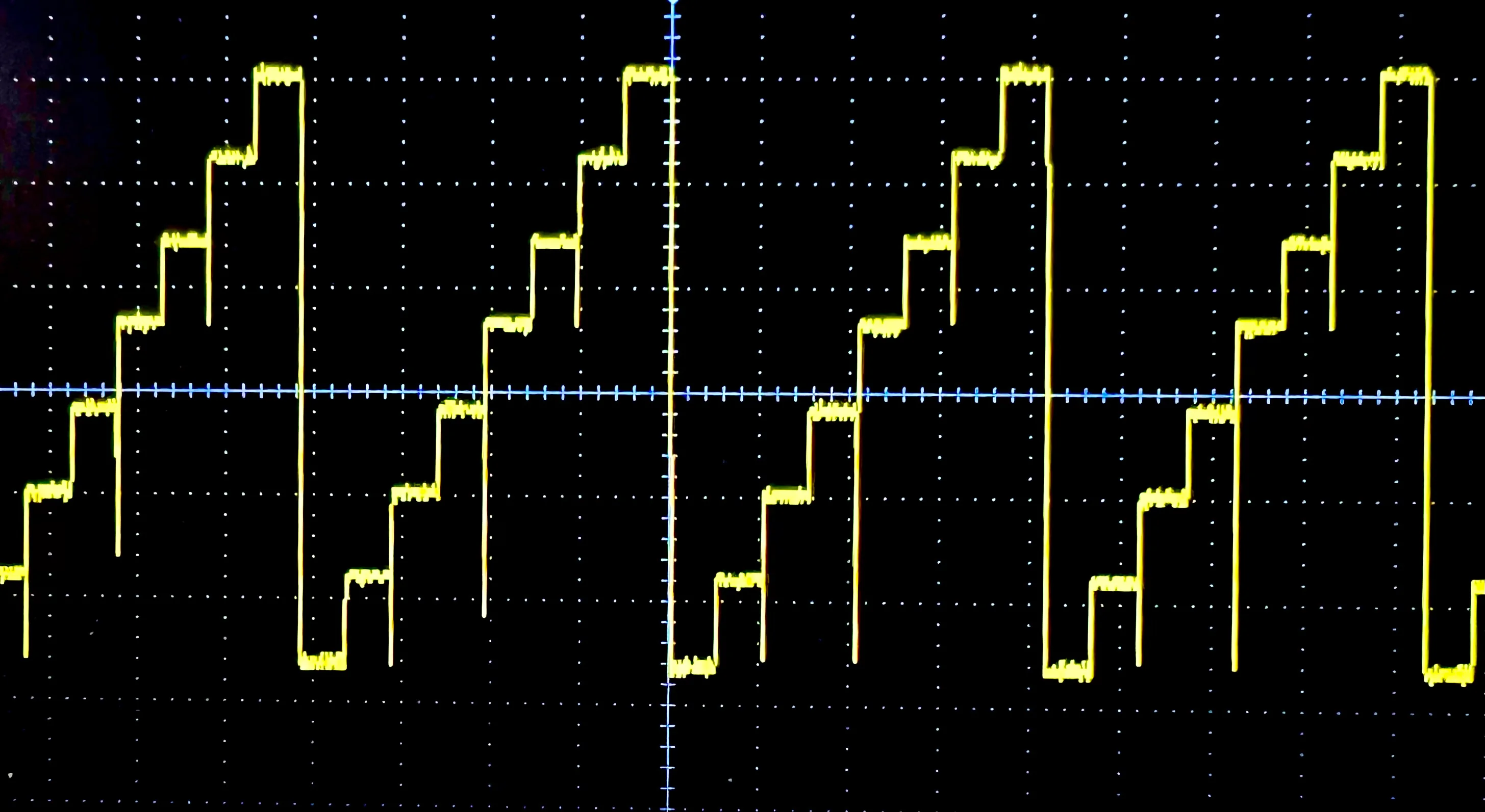An oscilloscope trace of a physical 3-bit R-2R Ladder DAC in operation.