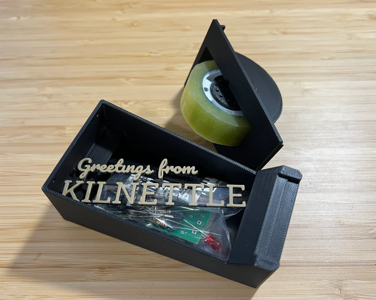 The electronics components and 3D-printed parts.