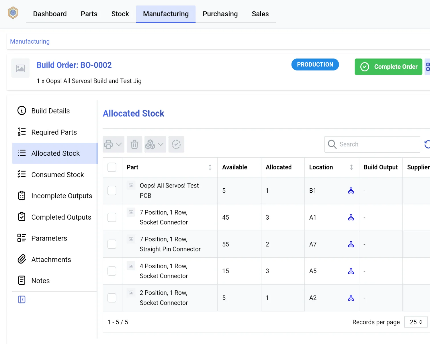 An InvenTree screenshot showing a pick list for a build order.