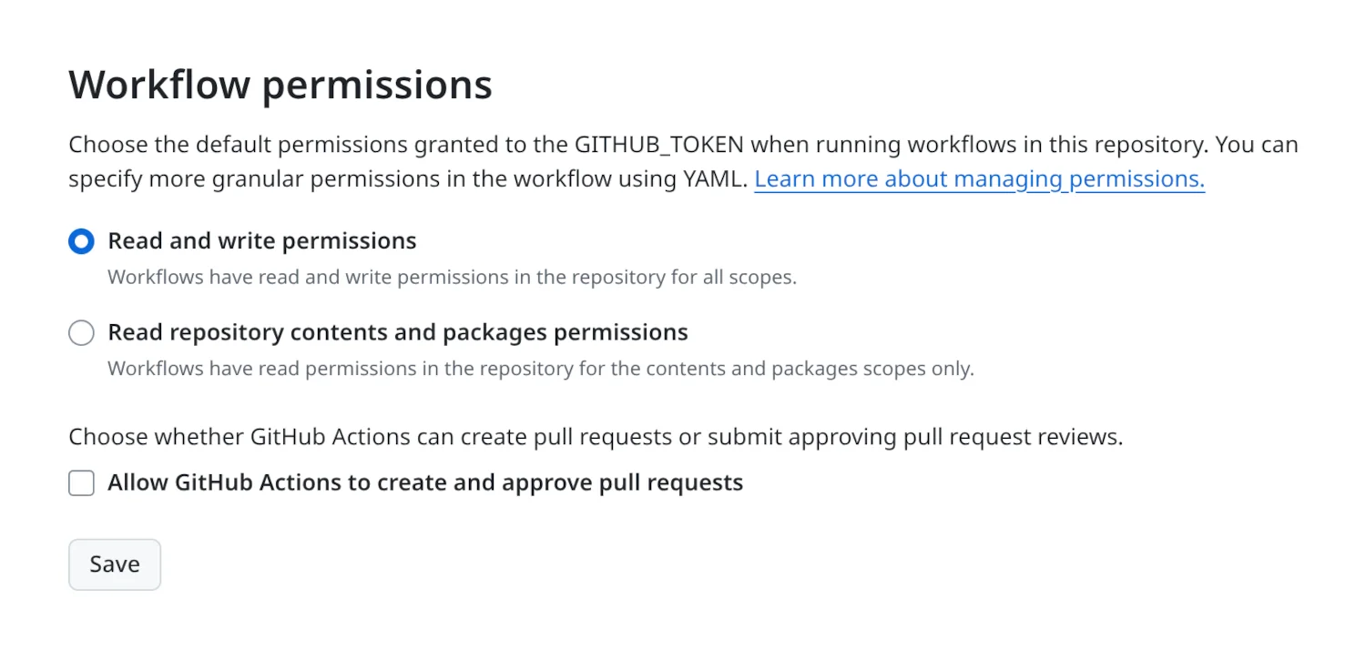 A screenshot showing the workflow permissions section of GitHub.