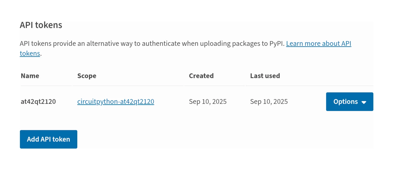 A screenshot showing the API token section of PyPI.