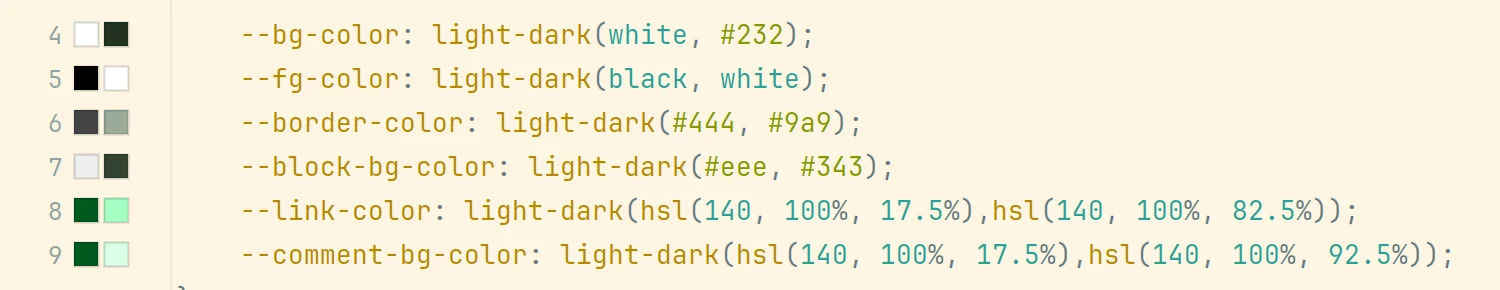 Screenshot from WebStorm showing CSS colour swatches in the line number gutter.