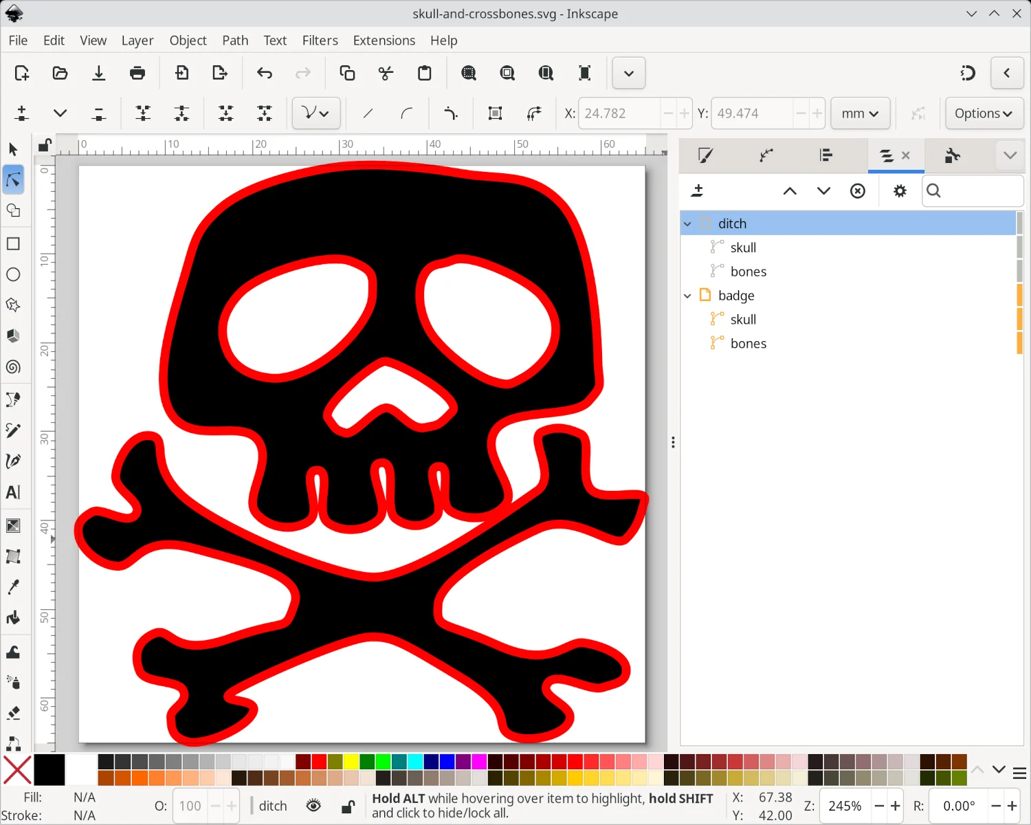 A drawing of a black skull and crossbones with a red edge.