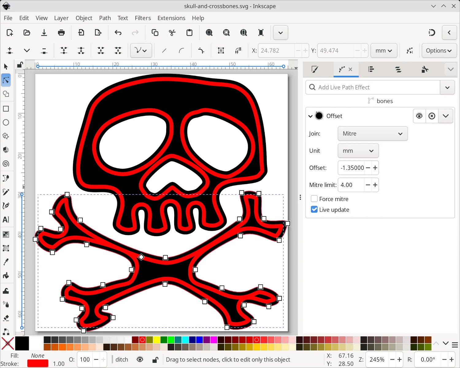 A drawing of a black skull and crossbones with a red line offset within the black badge.