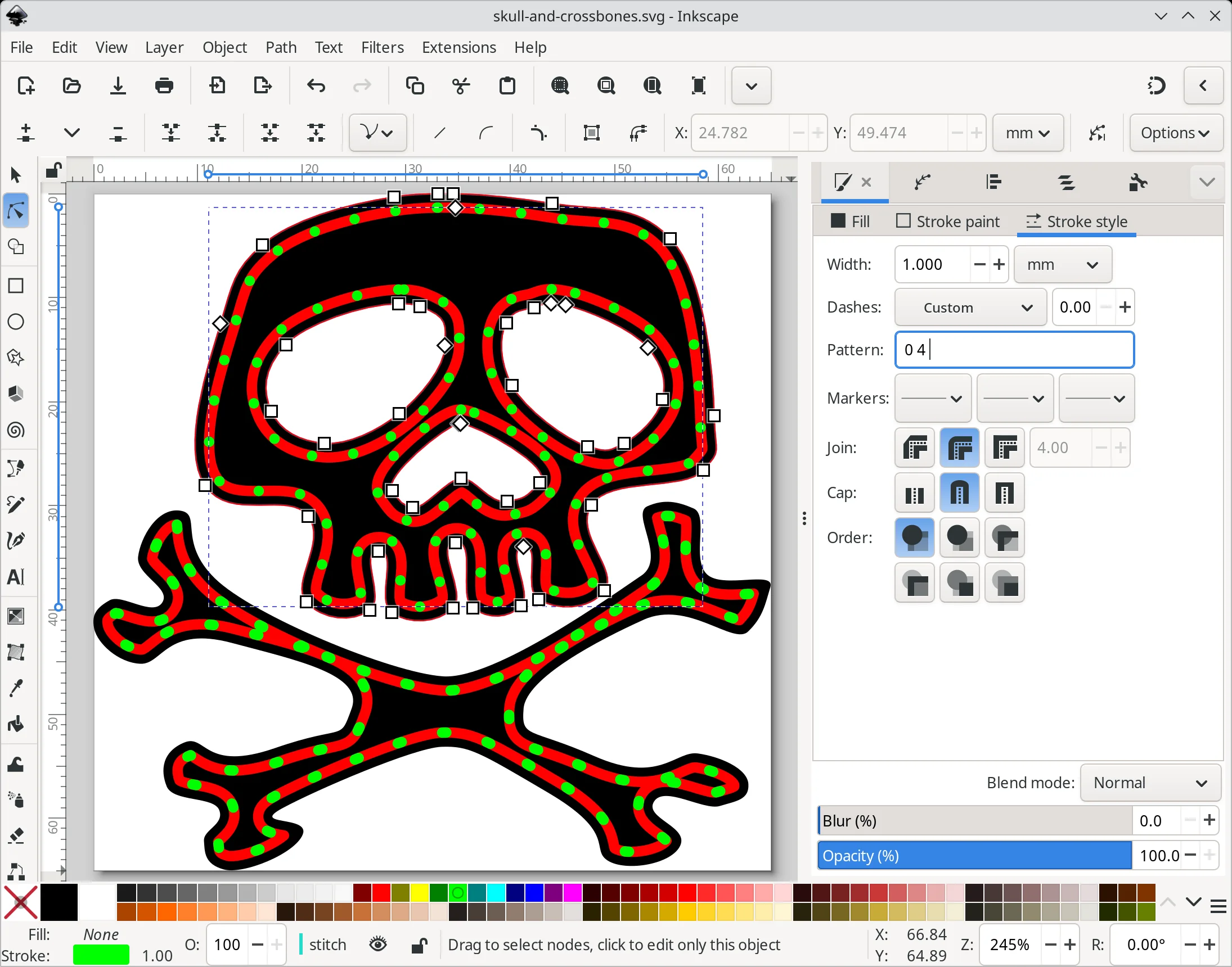 A drawing of a black skull and crossbones with a red line, with a series of green dots overlaid on the red.