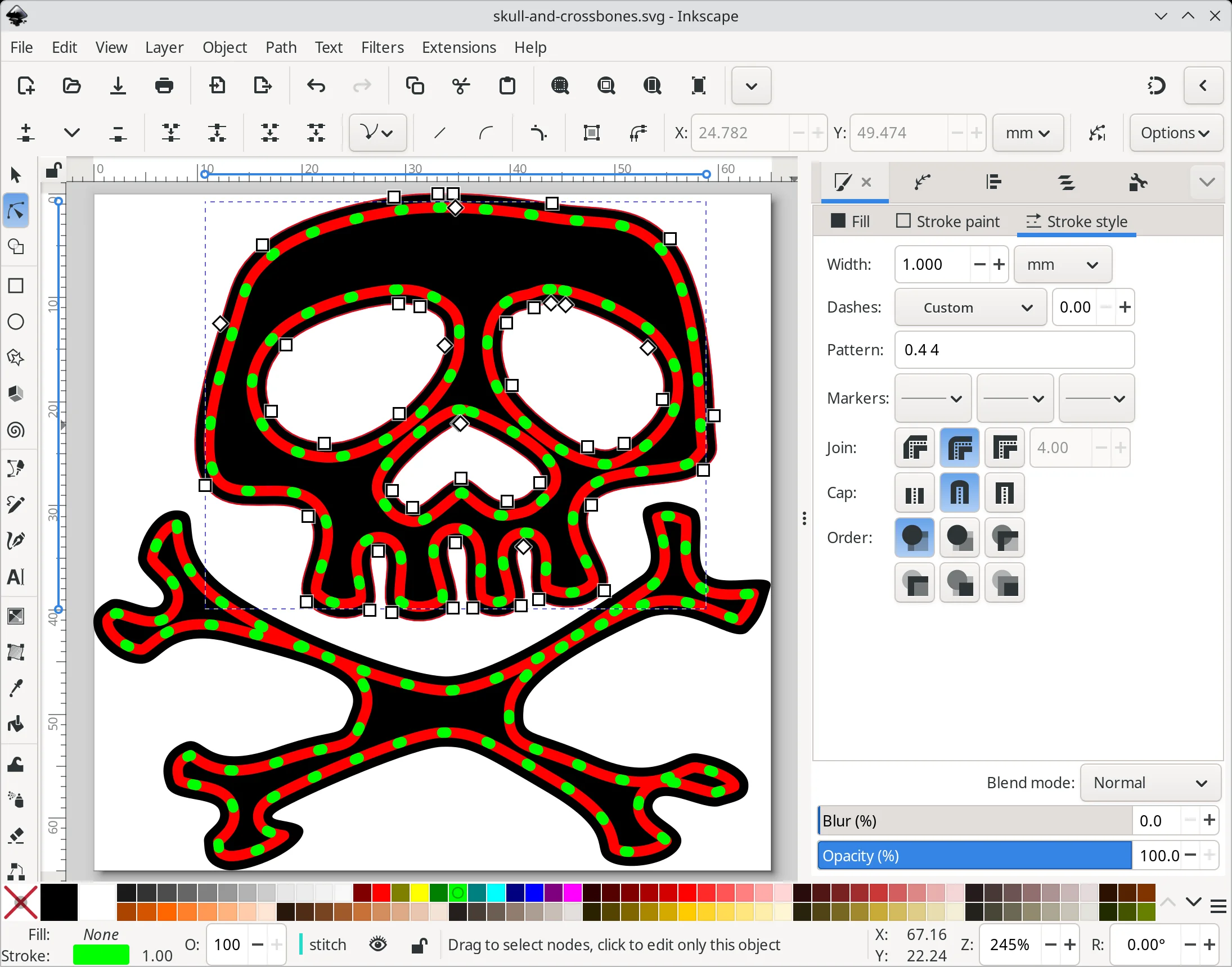 A drawing of a black skull and crossbones with a red line, with a series of elongated green dots overlaid on the red.