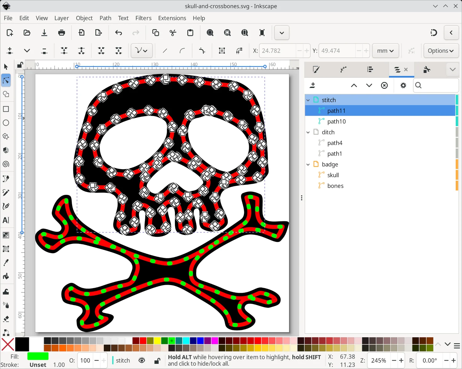 A screenshot of Inkscape showing each dot is now a separate closed path.
