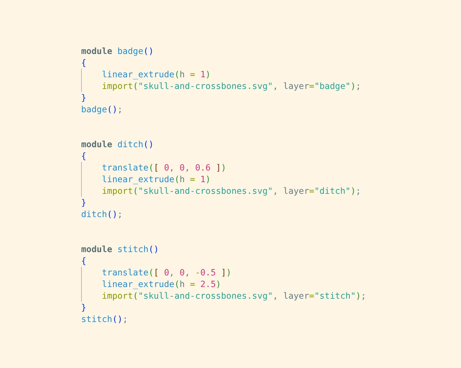 A snippet of OpenSCAD code that will render the three layers as different heights.