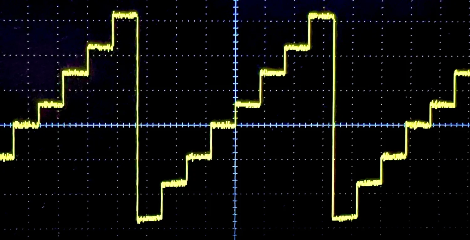 A 3-bit, 8-level, ramp waveform on an oscilloscope.