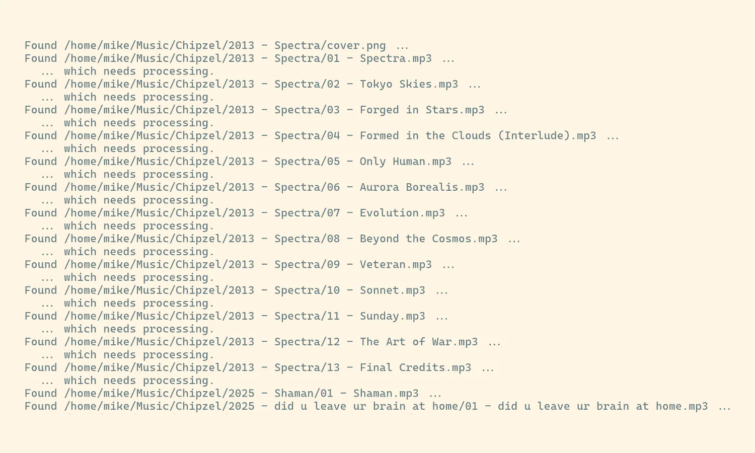 A screenshot of a verbose run of momtag in progress.
