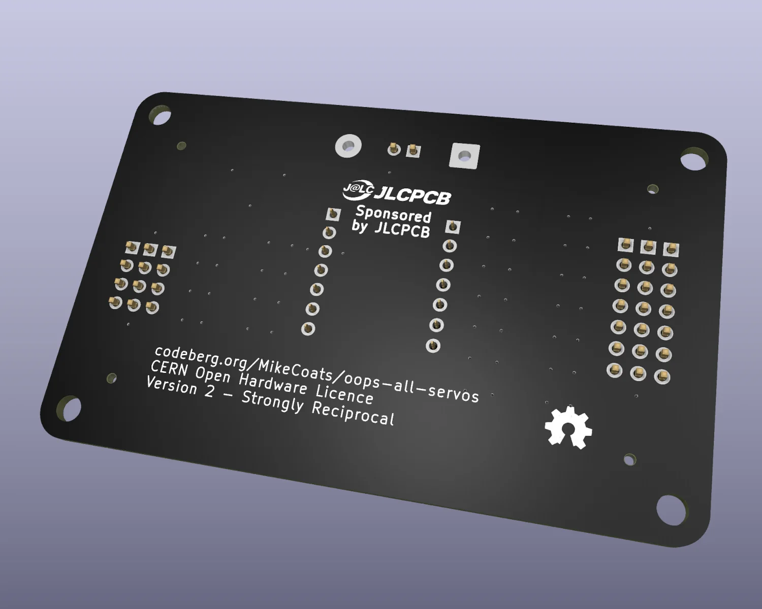 A 3D render of the back of an Oops! All Servos! PCB.