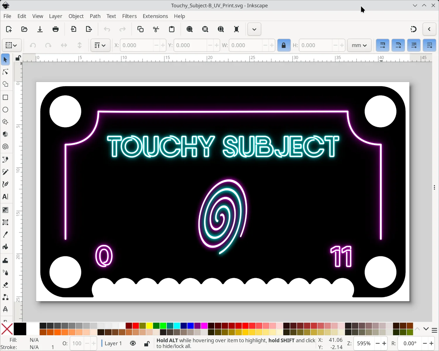 A screenshot of Inkscape showing the artwork for my Touchy Subject project.