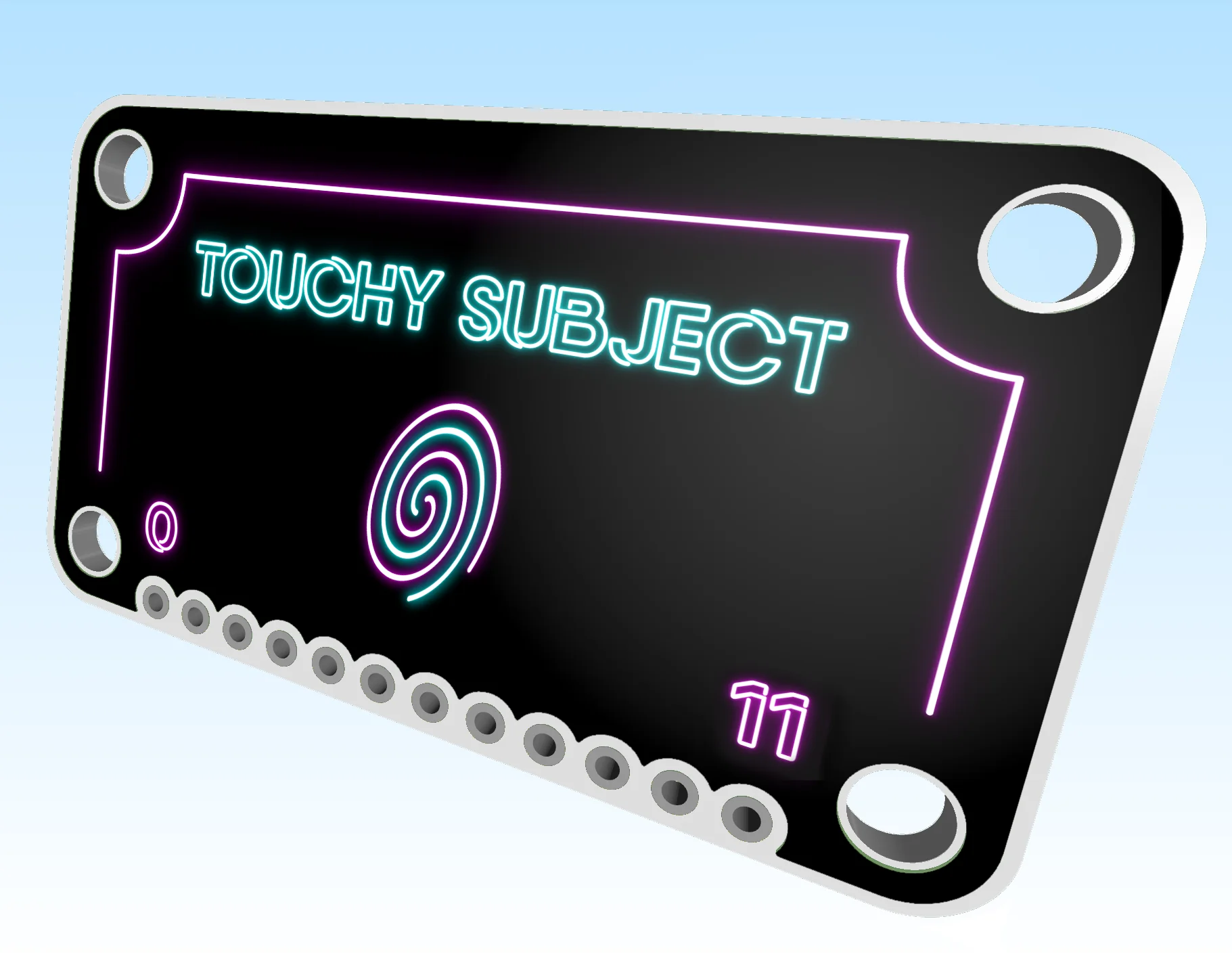 A 3D render of my Touchy Subject project showing artwork placement.