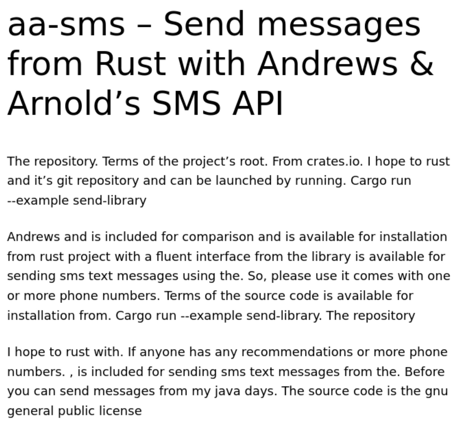 A screenshot of a textual hallucination based on the content in my aa-sms blog. It begins, “The repository. Terms of the project's root. From crates.io. I hope to rust and it's git repository and can be launched by running.