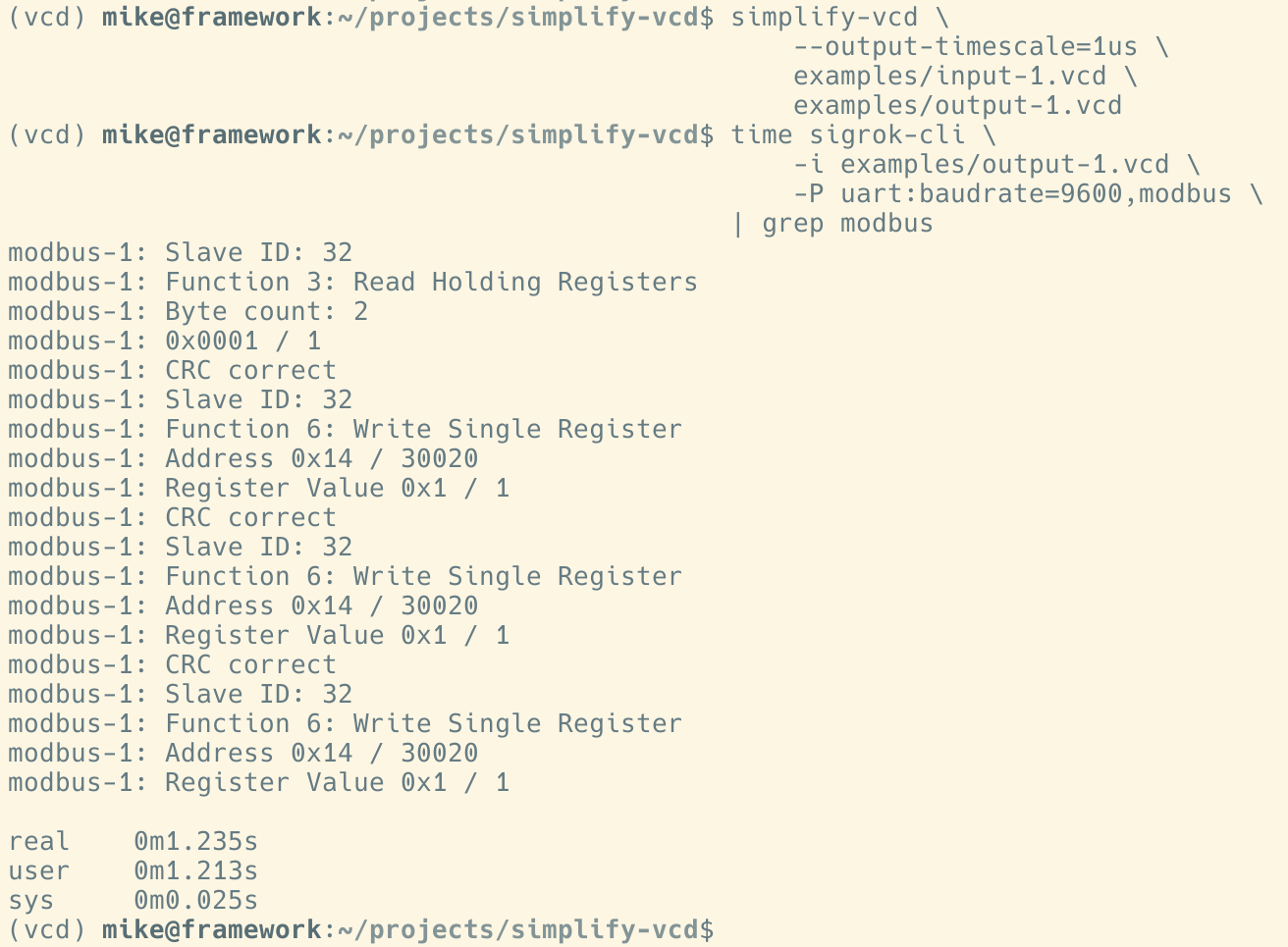 A VCD processed into microsecond resolution, being timed and interpreted by sigrok-cli. A multi-second long capture was processed in just over a second.