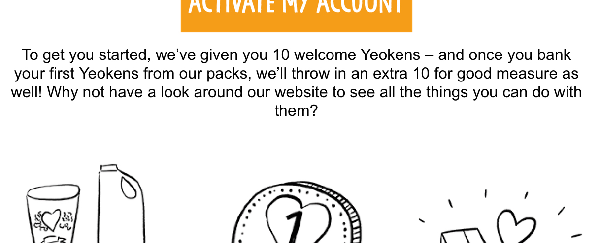 A screenshot of the welcome email from the Yeokens programme.