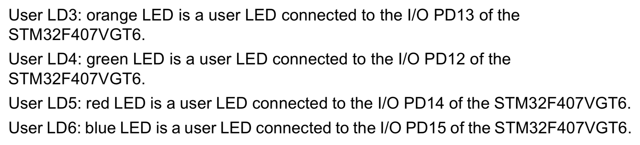 A screenshot from the dev board’s user manual indicating the connections for the four LEDs.