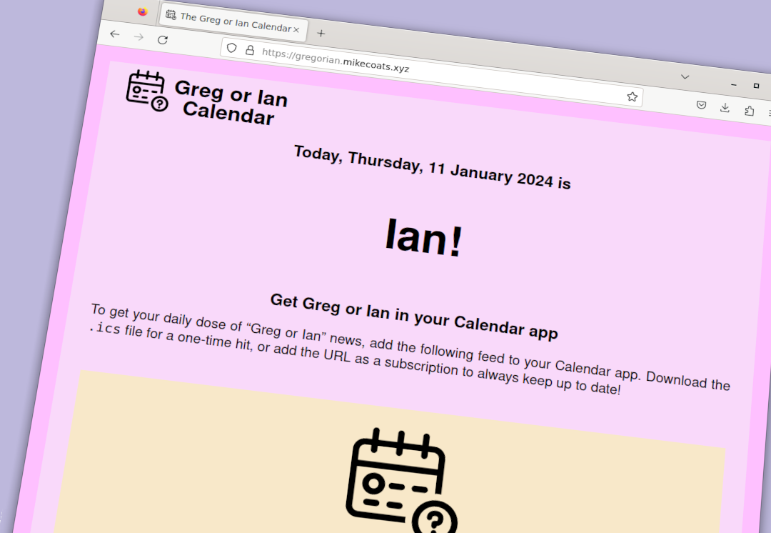 A screenshot of the Greg or Ian Calendar web app. In the screenshot, it's Thursday 11th January 2024, making it an 'Ian' day.