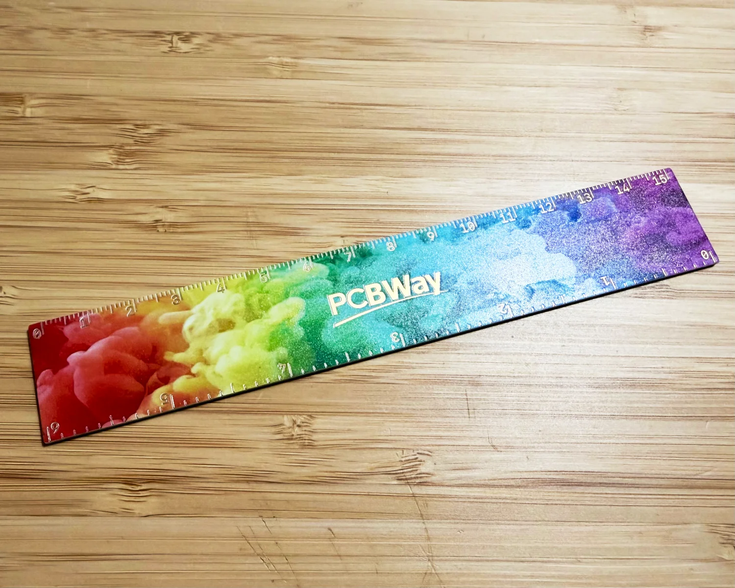 A PCBWay ruler made from a UV printed PCB.