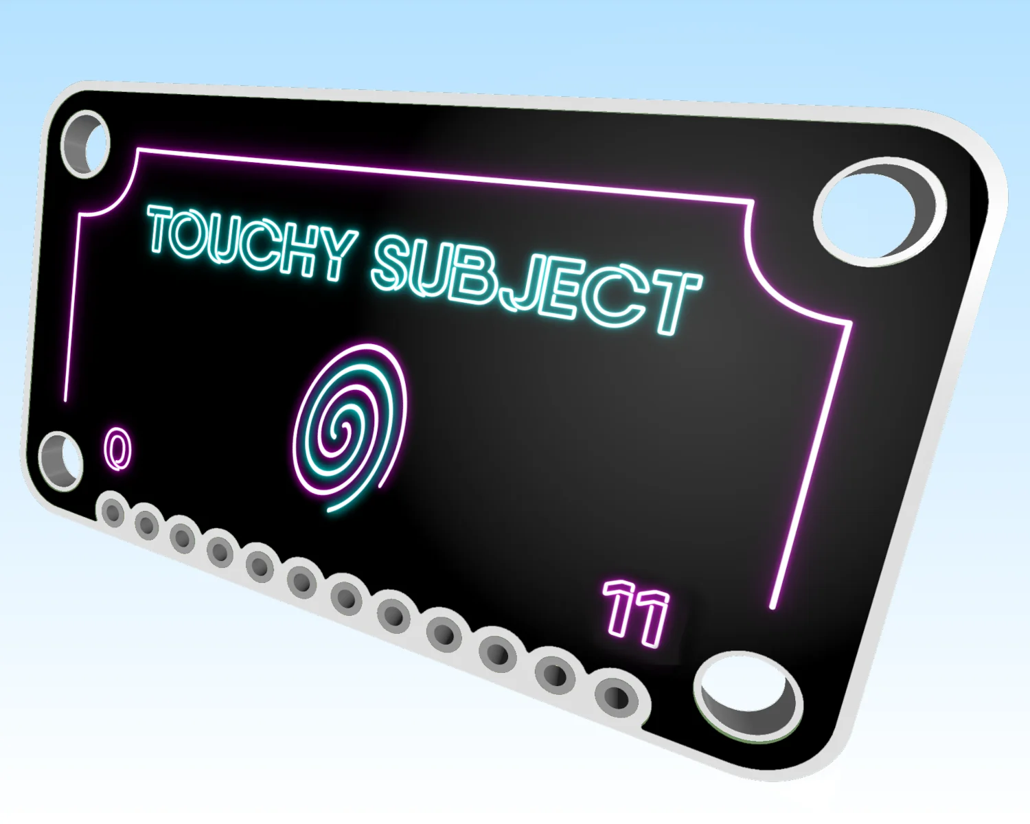 A 3D render of the back of a Touchy Subject PCB.