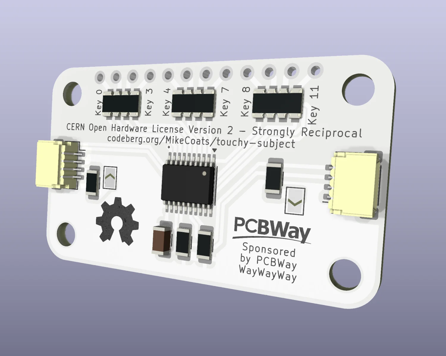 A 3D render of the front of a Touchy Subject PCB.