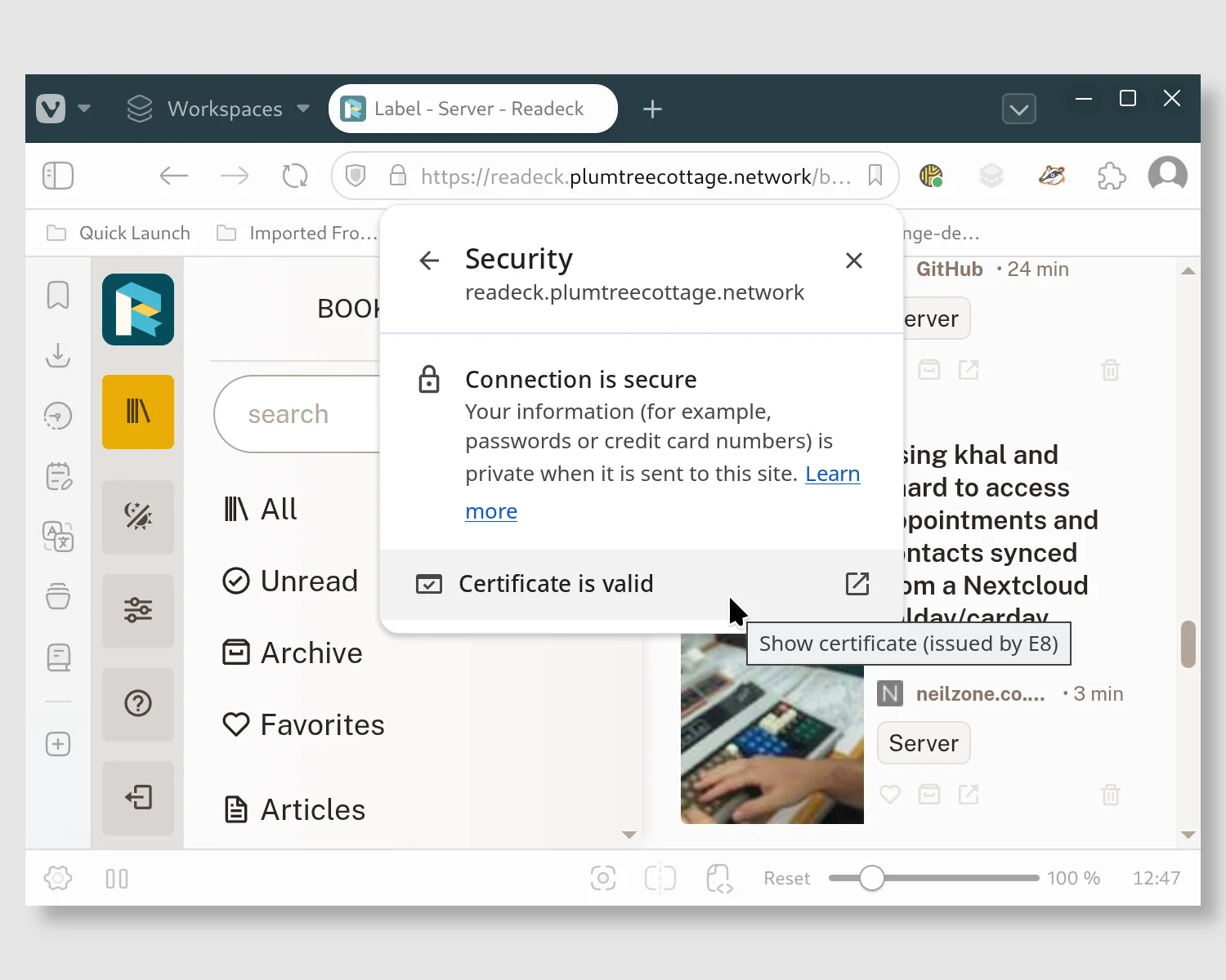 A screenshot of an application, Readeck, running on an internal network with fully trusted certificates.