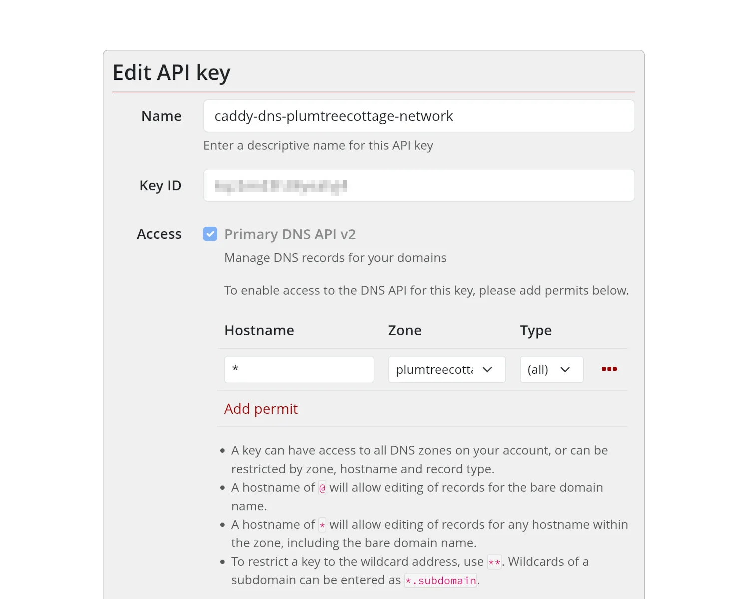 A screenshot of the Mythic Beasts API key control panel.