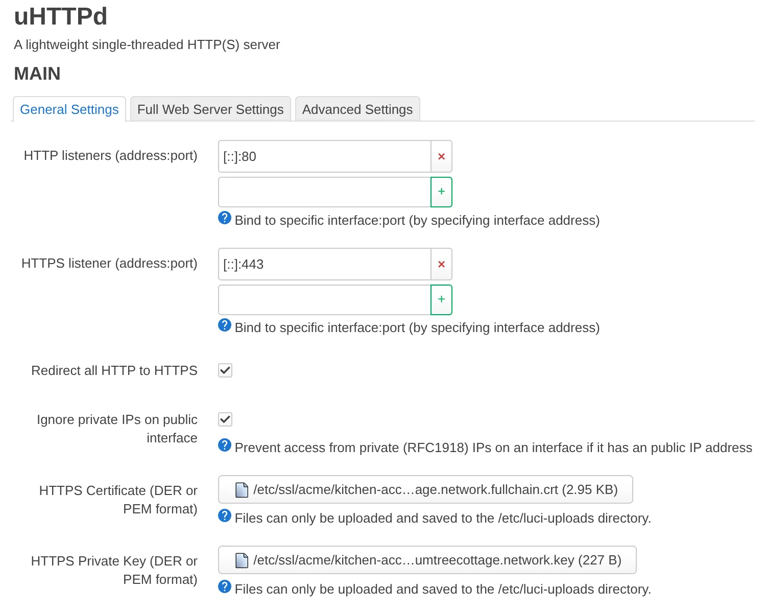 A screenshot of OpenWrt's uHTTPd settings page.