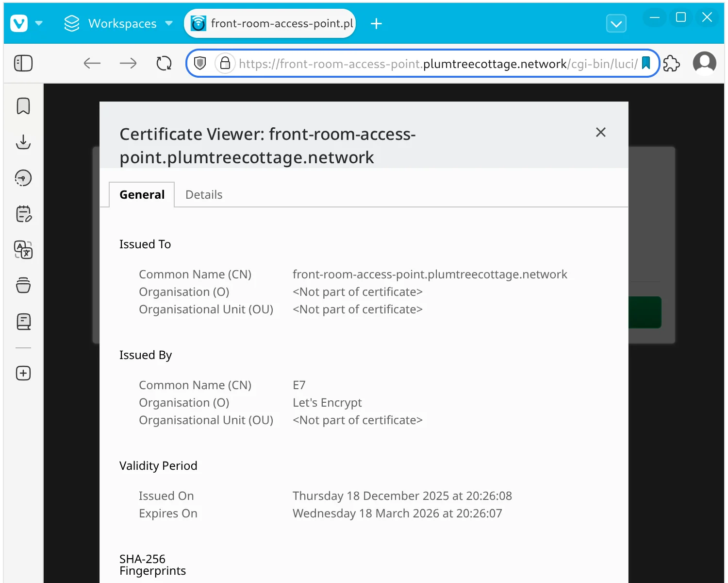 A screenshot of a web browser showing the details of an internal-only OpenWrt device's trusted certificate.