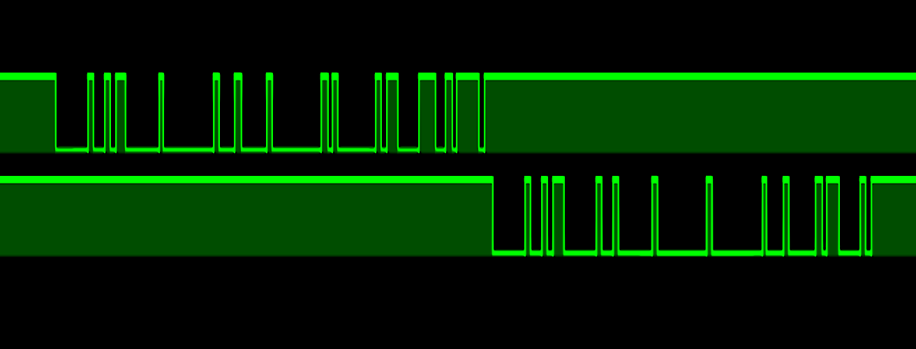 Two traces, zoomed in to the bit level. A question packet of bits appears first, followed by a packet of bits in response.